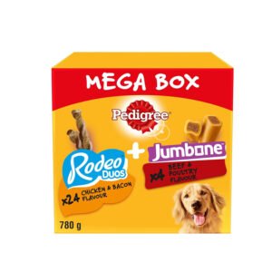 Pedigree Multipack with 24 Rodeo Duos Chicken and Bacon Flavour and 4 Jumbone Beef and Poultry Flavour, Dog Treat Snacks, Mega Box