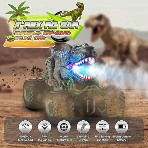 Dinosaur Toys for Boys, 1:16 Scale Remote Control Monster Truck Toys with Spray Roar LED Lights, Kids Toys for 4 5 6 7 8 Year Old Boys Gifts - Image 2