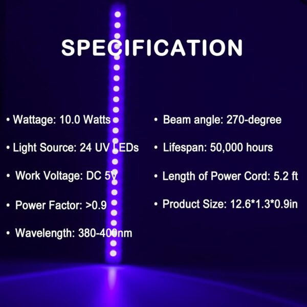 Greenic UV LED Black Light Strip - Upgrade UV Lamp USB 10W 1.5M Cable UV Light 1ft Purple Color Blacklight, 2 Pack [Energy Class A] - Image 3