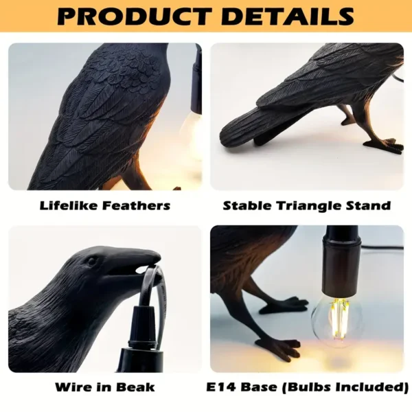 Raven Table Lamps Crow Desk Lamp, Resin Bird Light Lamp with Bulb - Image 4