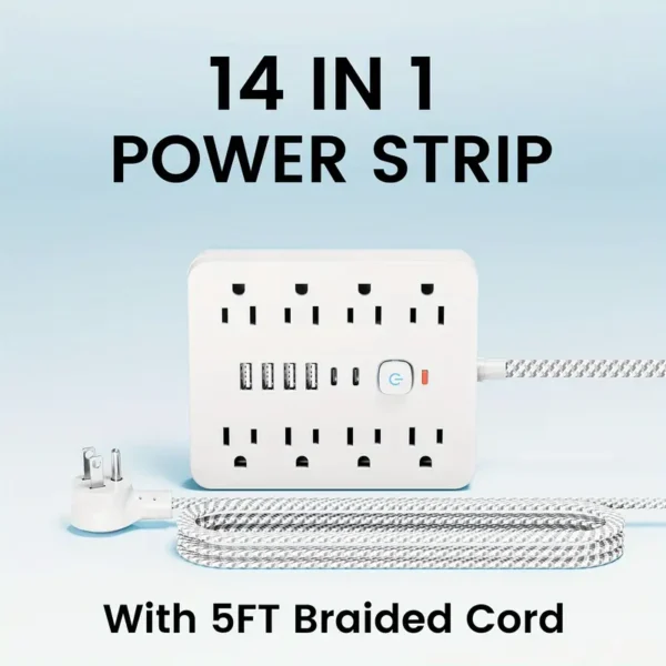 Surge Protector Power Strip With 8 AC Outlets, 4 USB & 2 Type-C Fast Charge Ports -Premium 5FT Braided Cable - Image 2