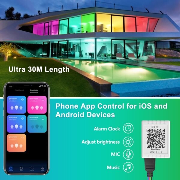 Mexllex LED Strip Lights 30M (2X15M) Music Sync Color Changing RGB Strip 24-Key (APP+Remote+Mic) - Image 3