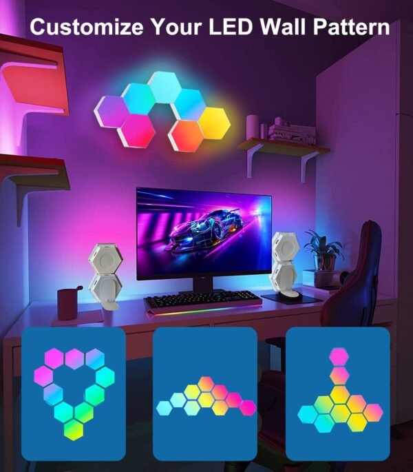 Hexagon LED Lights with Remote Control, RGB Gaming Lights LED Wall Lights Hexagon Light Panels Touch Sensitive, 7 Panels - Image 3