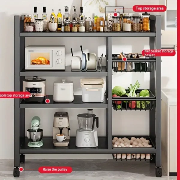 1pc Movable Storage Rack, Adjustable 4-Storey Kitchen Shelf with 3 Wire Baskets, Warm House Gift, New Home - Image 3