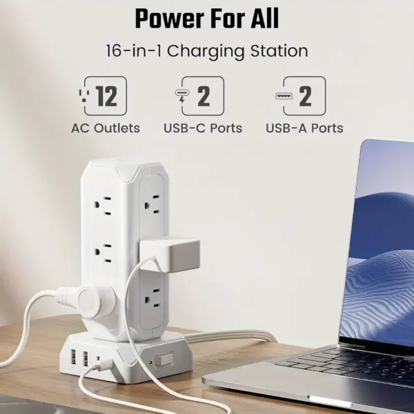 SUPERDANNY Power Strip Tower, 12 Outlets With 35W USB(2 USB-A & 2 USB-C) Charging Station - Image 3