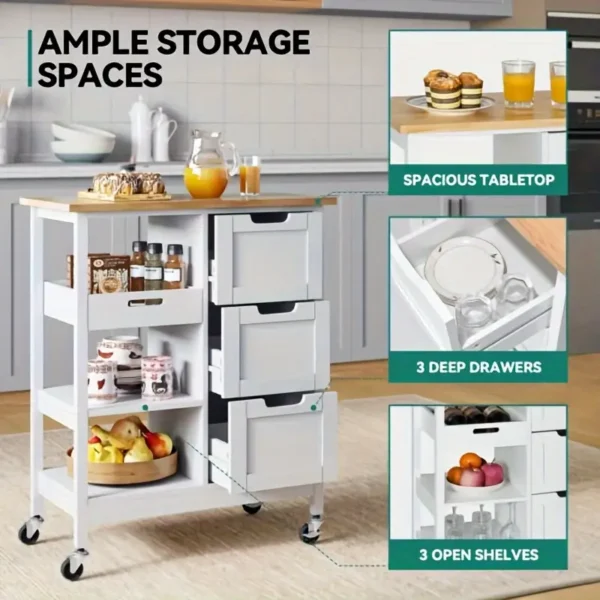 Phabules Rolling Kitchen Island Cart with Countertop and Drawer, 3 Tier - Image 4