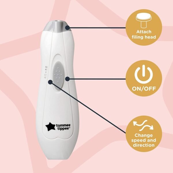 Tommee Tippee Electric Baby Nail File Trimmer, Battery-Powered Infant Nail Clipper with LED Light and Six Filing Heads for Baby and Adult Use - Image 3