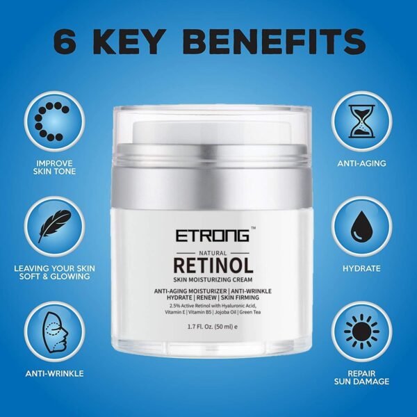 Retinol Moisturizer Cream,ETRONG Anti-aging Wrinkle Night/Day Cream - with 2.5% Retinol,Hyaluronic,Vitamin E and Jojoba Oil - Image 3