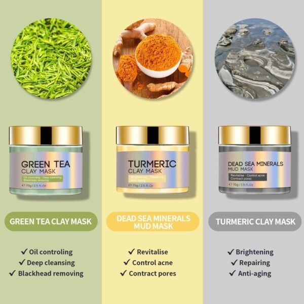 Clay Mask, Face Masks Skincare, Turmeric Clay Face Mask, Dead Sea Mud Mask, Green Tea Face Mask, 3x70g - Image 3