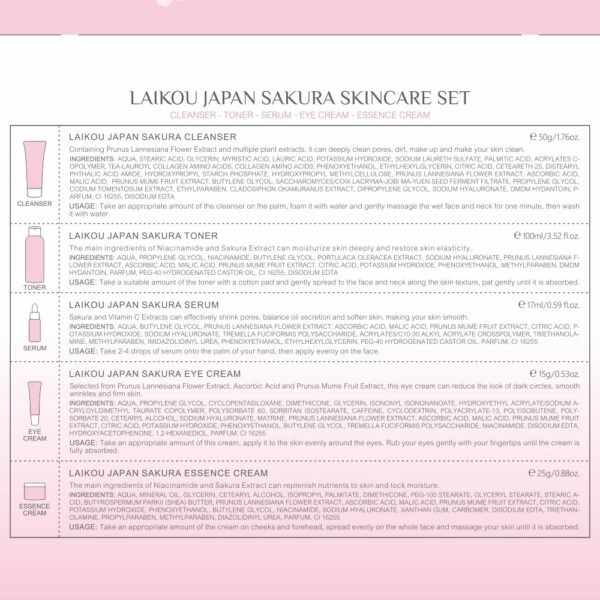 LAIKOU SkinCare Set, JAPAN Sakura Skin Care Sets & Kits - Cleanser,Toner,Face Serum,Eye Cream, Face Cream, Gift Set for Teenage Girls Women Mom Daughter Birthday, Travel Kit for All Skin Types, 5pcs - Image 5