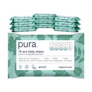 Pura Eco Friendly Baby Wipes 10 x 70 per pack (700 Wet Wipes) 100% Plastic Free, 99% Water, Biodegradable, Compostable