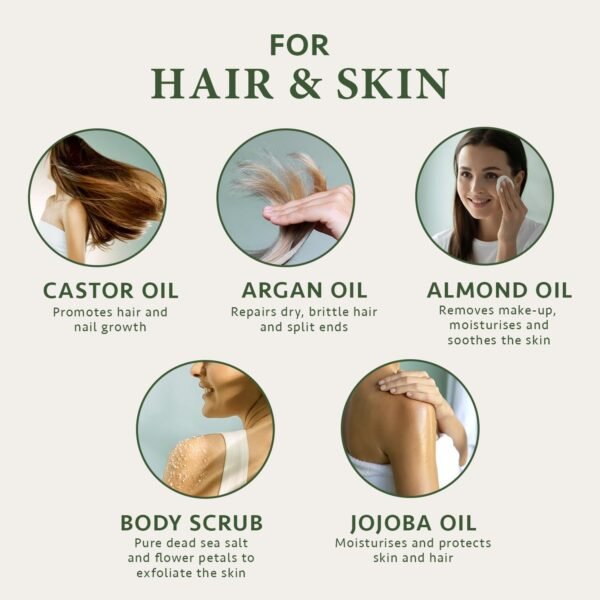 Christmas Gifts for Women with Organic Hair Growth Oil + Argan Oil + Jojoba Oil + Almond Oil + Castor Oil & Body Scrub 5x30ml - Image 3